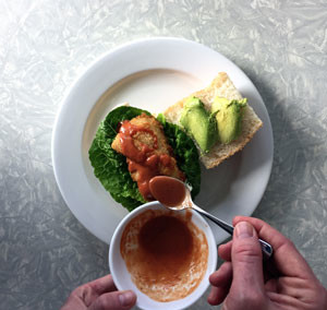 HUFFMAN’S CRUMBED FISH WITH AVOCADO, LETTUCE AND CHILLI GARLIC AIOLI